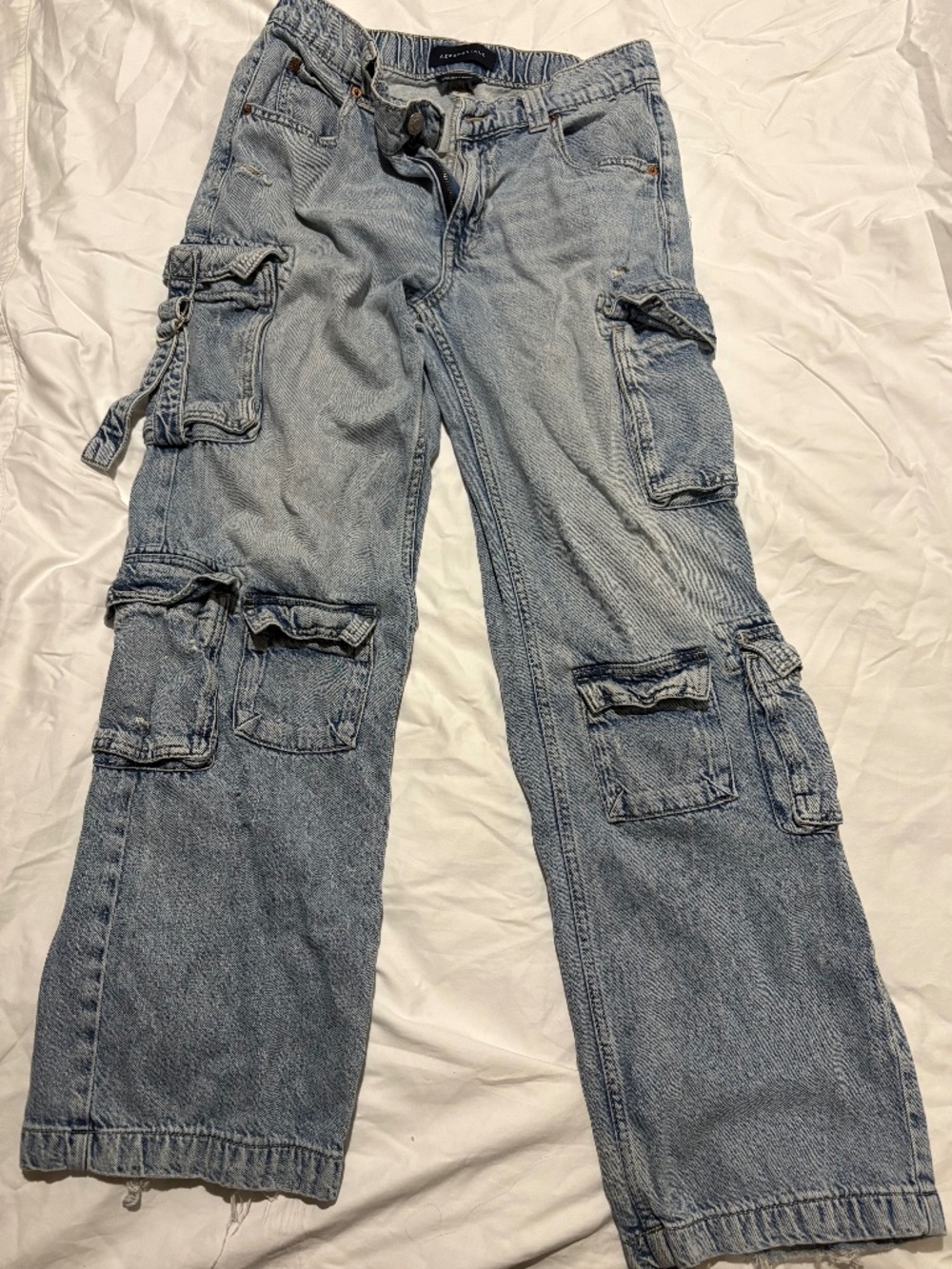 Aeropostale Baggy Style Low Rise Cargo Jeans Distressed Blue Denim Wide Leg M